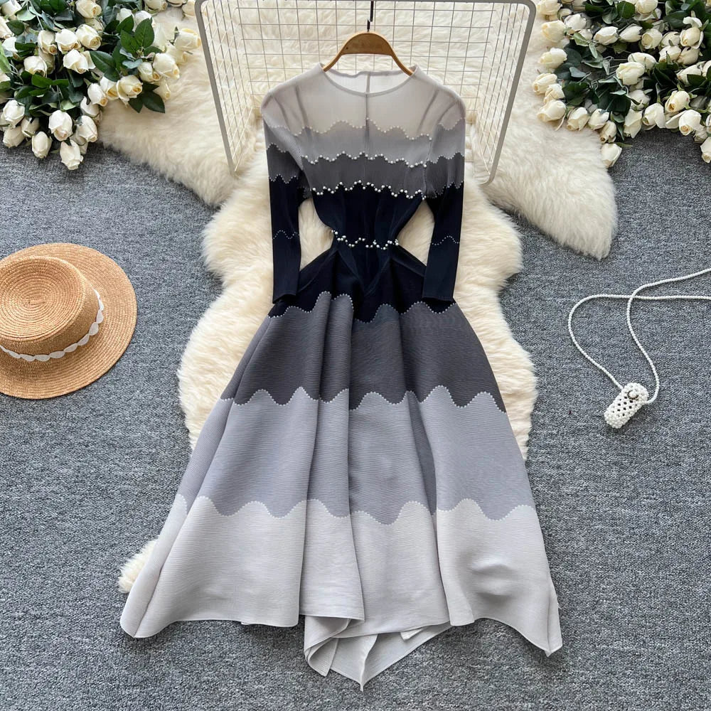 2026 Autumn New Bud Gradient Sustainable Formal Casual Women's Pleated Midi Dress with Ruffles and Eco-Friendly Lining