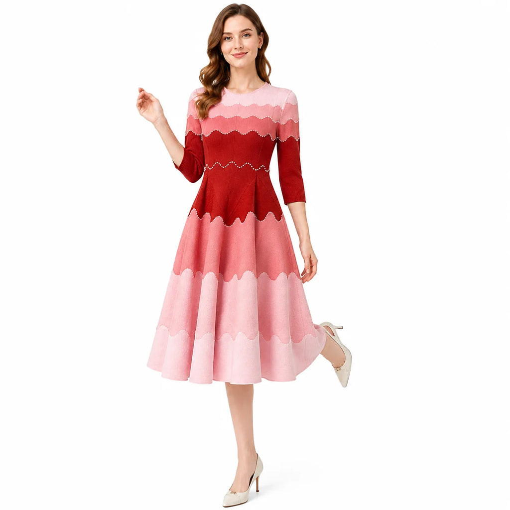 Elegant vintage-inspired lavender-gradient midi dress for women with embroidered, wavy-edged hems and a folded A-line silhouette, suitable for weddings and cocktails, ready to ship.