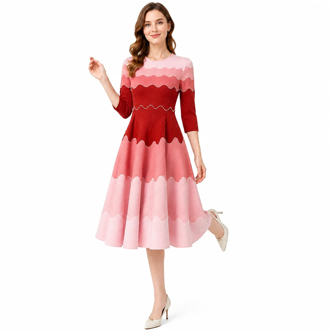 Elegant vintage-inspired lavender-gradient midi dress for women with embroidered, wavy-edged hems and a folded A-line silhouette, suitable for weddings and cocktails, ready to ship.