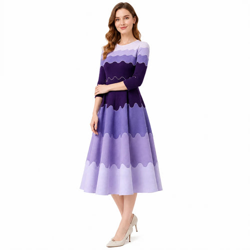 Elegant vintage-inspired lavender-gradient midi dress for women with embroidered, wavy-edged hems and a folded A-line silhouette, suitable for weddings and cocktails, ready to ship.
