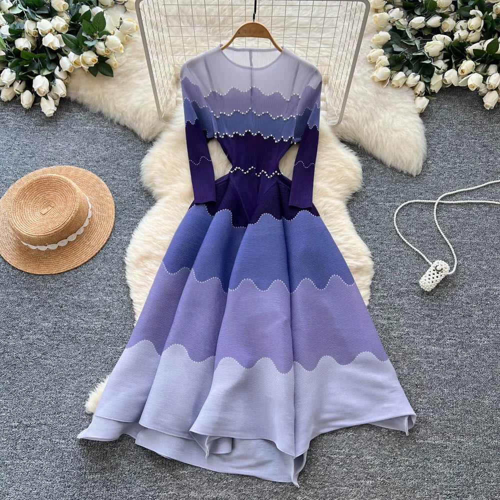 2026 Autumn New Bud Gradient Sustainable Formal Casual Women's Pleated Midi Dress with Ruffles and Eco-Friendly Lining