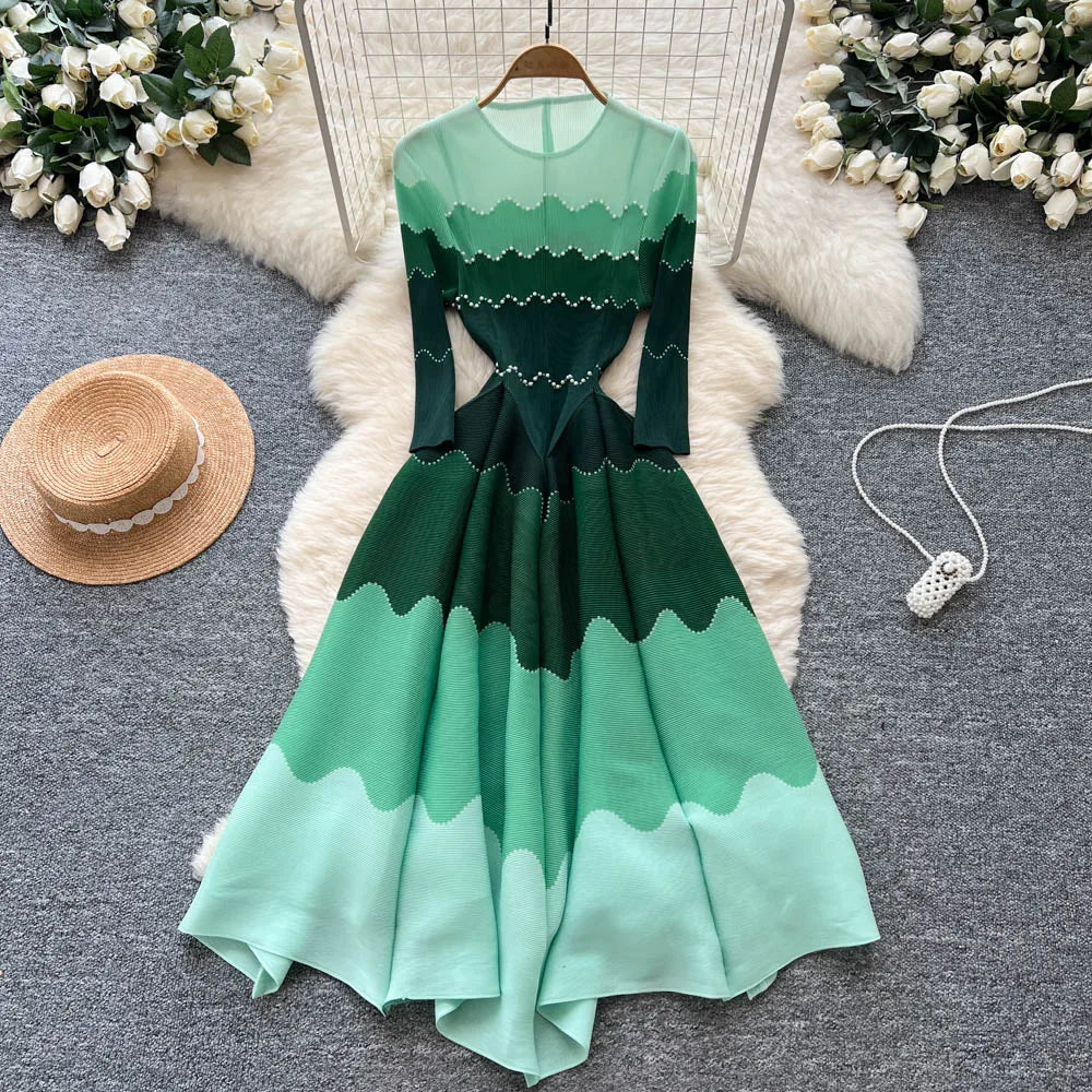 2026 Autumn New Bud Gradient Sustainable Formal Casual Women's Pleated Midi Dress with Ruffles and Eco-Friendly Lining