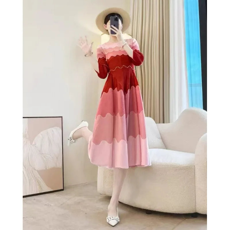 2026 Autumn New Bud Gradient Sustainable Formal Casual Women's Pleated Midi Dress with Ruffles and Eco-Friendly Lining