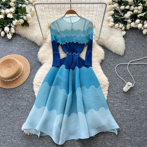 2026 Autumn New Bud Gradient Sustainable Formal Casual Women's Pleated Midi Dress with Ruffles and Eco-Friendly Lining