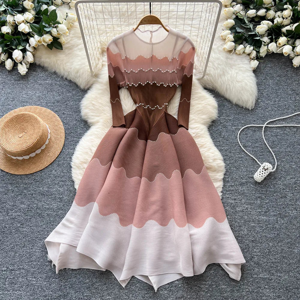 2026 Autumn New Bud Gradient Sustainable Formal Casual Women's Pleated Midi Dress with Ruffles and Eco-Friendly Lining