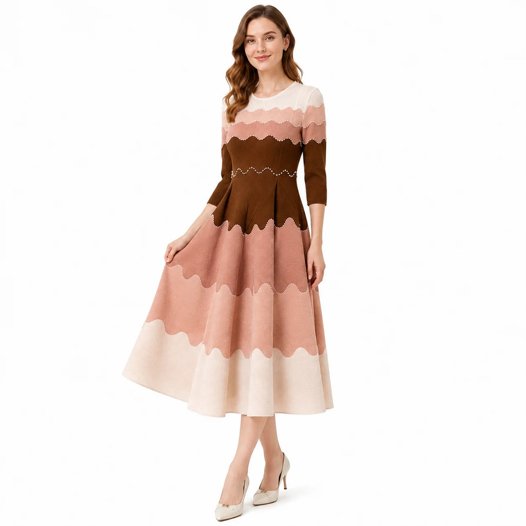 Elegant vintage-inspired lavender-gradient midi dress for women with embroidered, wavy-edged hems and a folded A-line silhouette, suitable for weddings and cocktails, ready to ship.