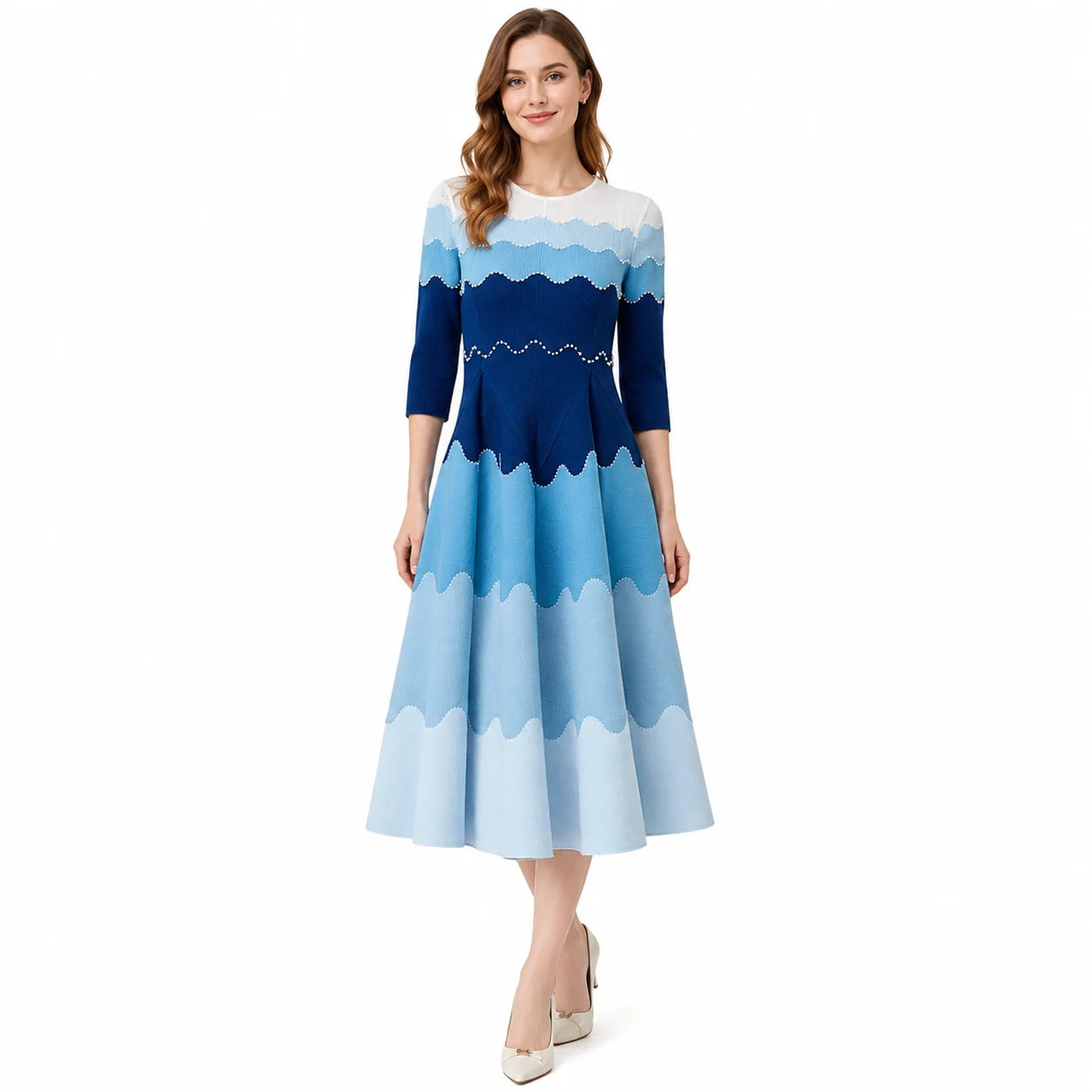 Elegant vintage-inspired lavender-gradient midi dress for women with embroidered, wavy-edged hems and a folded A-line silhouette, suitable for weddings and cocktails, ready to ship.