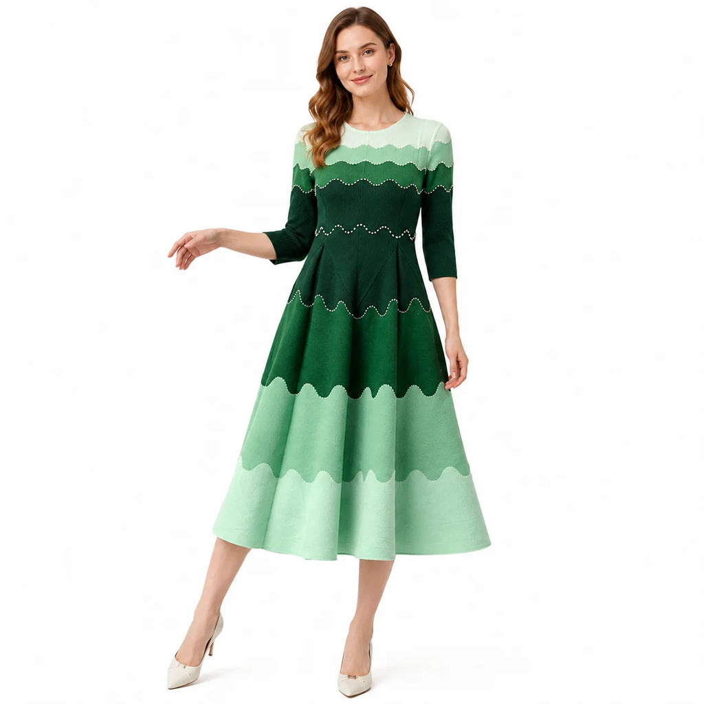 Elegant vintage-inspired lavender-gradient midi dress for women with embroidered, wavy-edged hems and a folded A-line silhouette, suitable for weddings and cocktails, ready to ship.