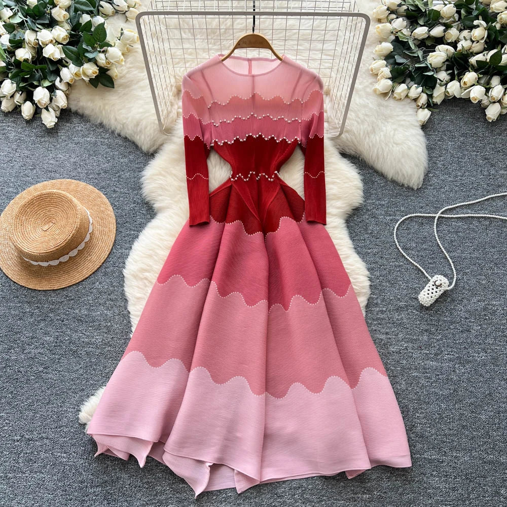 2026 Autumn New Bud Gradient Sustainable Formal Casual Women's Pleated Midi Dress with Ruffles and Eco-Friendly Lining