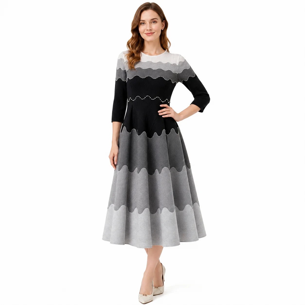 Elegant vintage-inspired lavender-gradient midi dress for women with embroidered, wavy-edged hems and a folded A-line silhouette, suitable for weddings and cocktails, ready to ship.